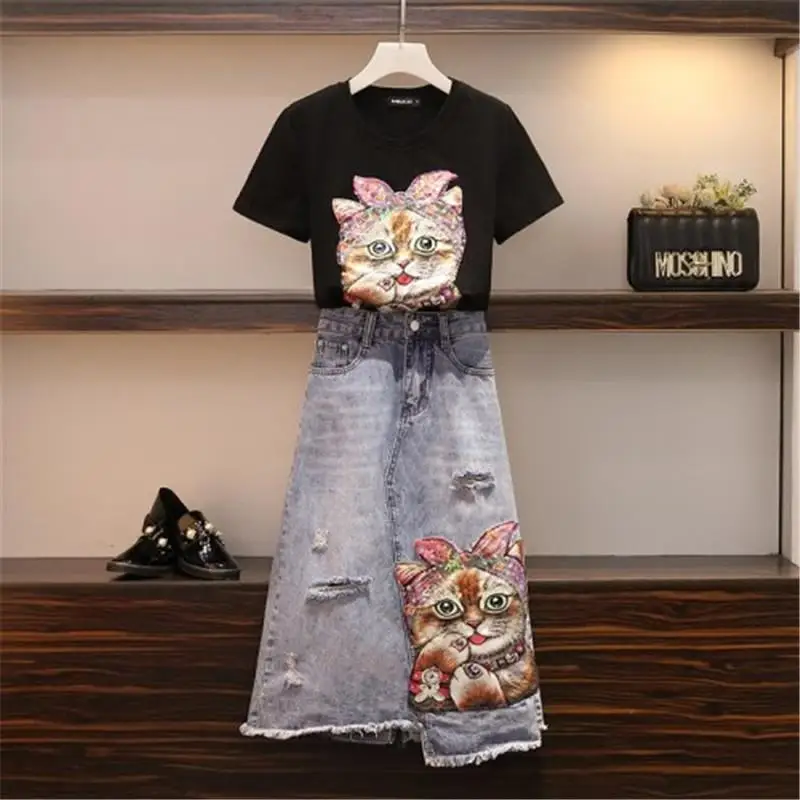 Женский комплект из 2 предметов Летний джинсовый костюм большого размера с юбкой