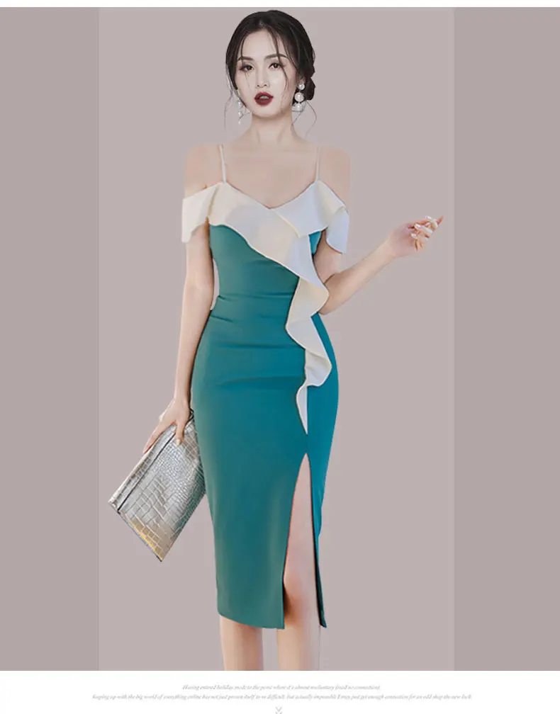 

Women's New Summer V-Neck Ruffle Split Vestibule Elegant Stitching Ltalian Thin Shoulder Belt Fashion Party Tight Dress 2021
