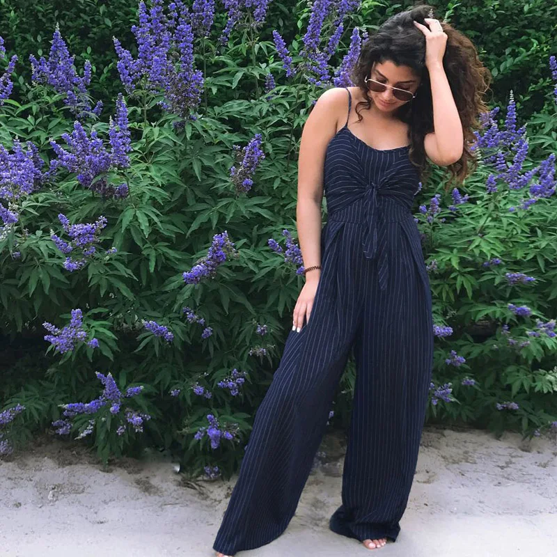 

Hot Women Jumpsuit Striped Sling Low Chest Front Bow Slim Tops Loose Wide Pants Outfit Hollow Back Wild Fashion Summer Playsuit