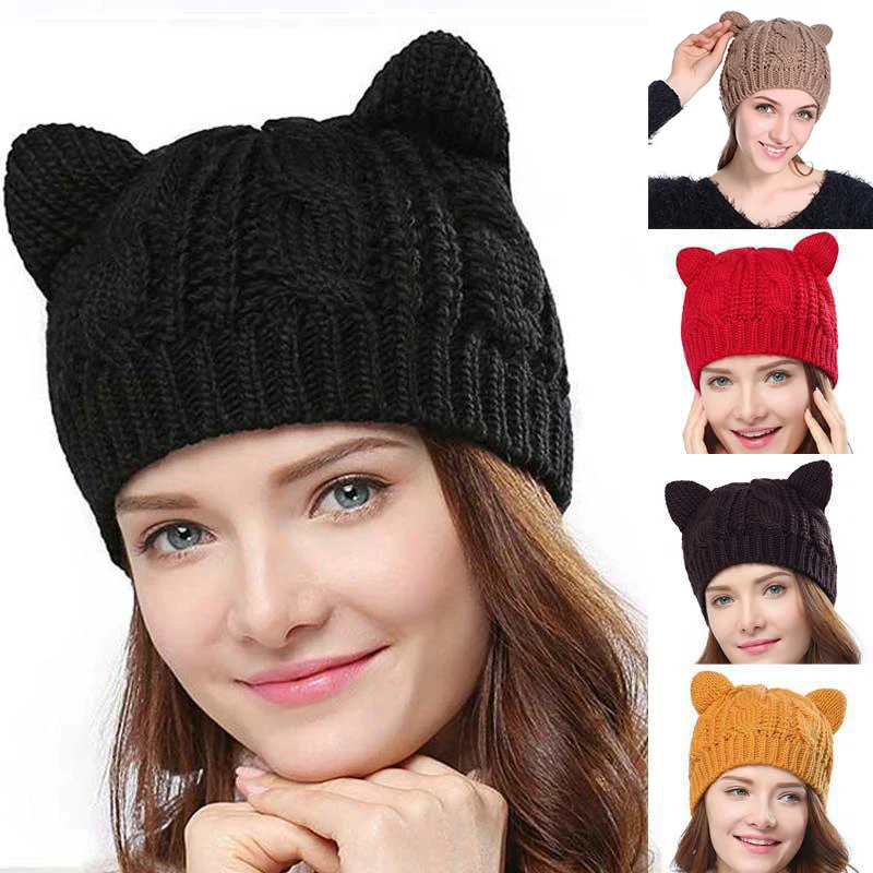 

Cute Woolen Knitted Cat Ear Hat Fashion Autumn Winter Women Girls Beanies Caps Outdoor Warm Thicken Skullies Hat Accessories