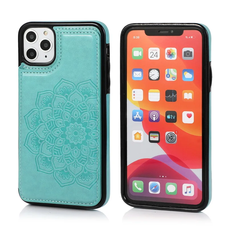 

Leather Card Slots Back Phone Case For iPhone 11 Pro Max SE 2020 7 8 Plus X XR Xs 6 6s Embossed Mandala Flower Stand Soft Cover