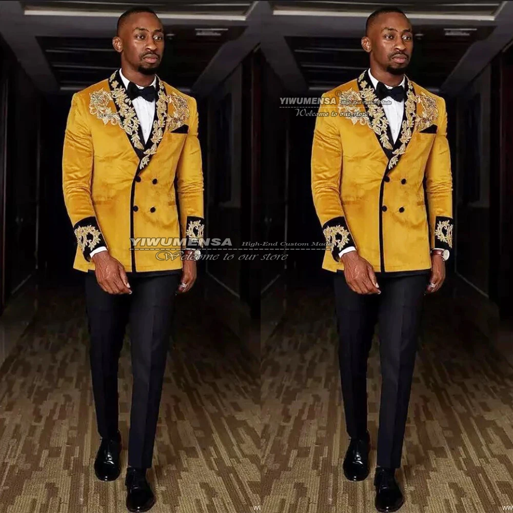 Arabic African Wedding Tuxedo Gold Velvet Jacket With Appliques Blazer With Pants 2 Pieces Set Men Suits Custom Made Marriage