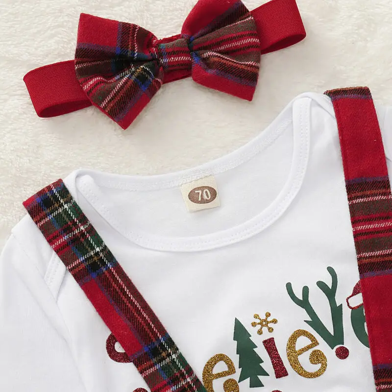 

0-18 M Sequins Plaid Christmas Romper + Strap Dress + Bow Headwear Party Clothes Set Autumn Clothes Infant Baby Girl Clothes