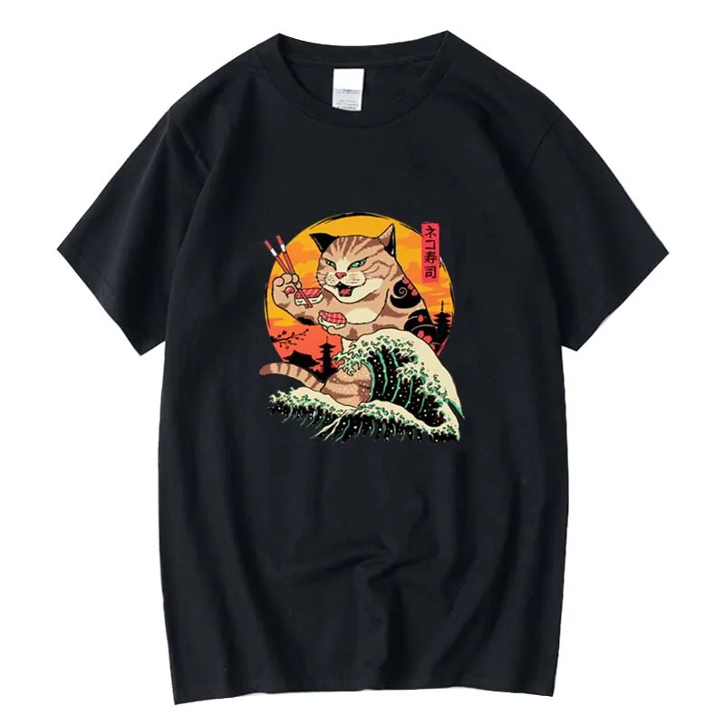 

Mens Tees Shirts Male Tops Men's Top Quality 100% Cotton Anime T-Shirt Cool Cat Printed Men T Shirt Casual O-Neck Loose T-Shirt