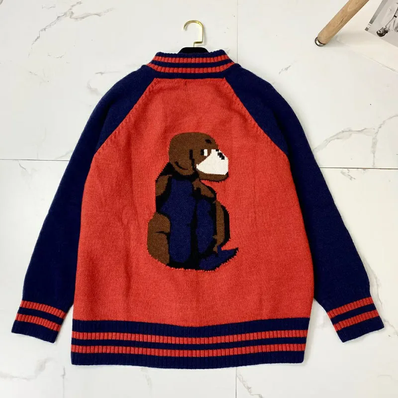 2021 Winter Woman's Cardigan Coat Cute Dog Printed Pockets Zipper Knitting Outwear Loose Hign Quality Cardigan
