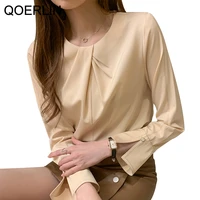 qoerlin s 2xl champagne chiffon blouse long sleeve o neck shirt chic office ladies elegant tops solid blusa mujer women clothing