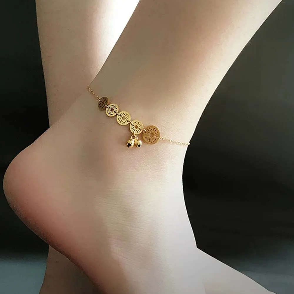 

Браслеты на лодыжку женские из титановой стали, классические анклеты с монетницей и колокольчиком, Пляжная бижутерия