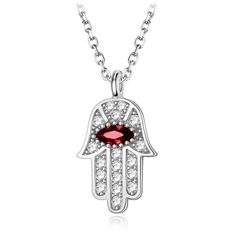 silver red Boho Blue Eye Real 925 Sterling Silver Zircon Hamsa Hand of Fatima Necklace Lady Crystal Pendant Jewelry Choker Vintage Necklace - Окраска металла: silver red