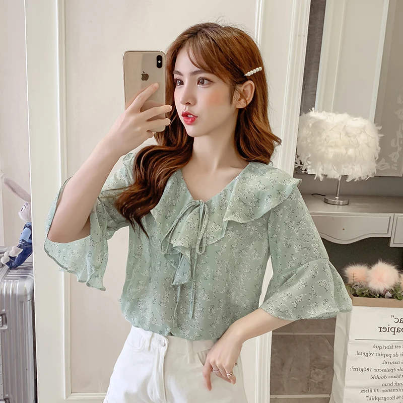 

COIGARSAM Floral Print blouse women New Summer Chiffon V-Neck blusas womens tops and blouses Pink Green White 5107