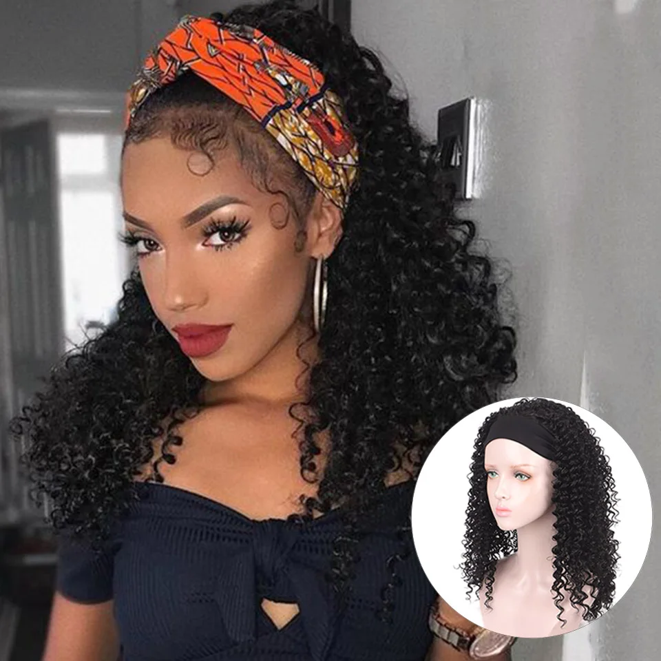 Peruca de Cabelo Houyan Longo Encaracolado Cabelo Africano Bandana Kinky Médio Sintético Preto