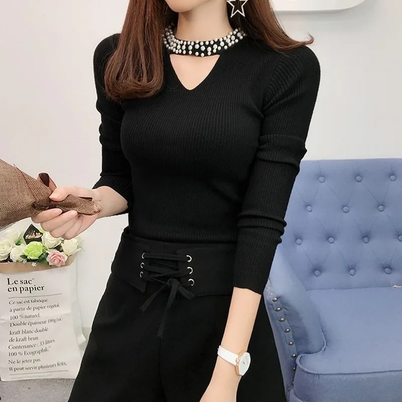 V-neck Knitted Sweater Solid Women 2021 Autumn Long Sleeve Hollow Korean Pullover Thin Slim Beading Bottoming Coat 10610 | Женская