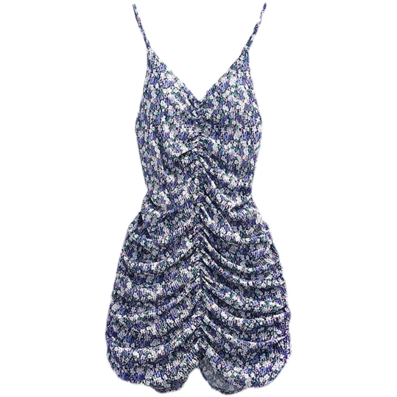 

Floral Print Mini Sexy Dress Female Vintage Summer Pleated Spaghetti Strap Bodycon Dresses Plus Size Party Beach Dress Womens
