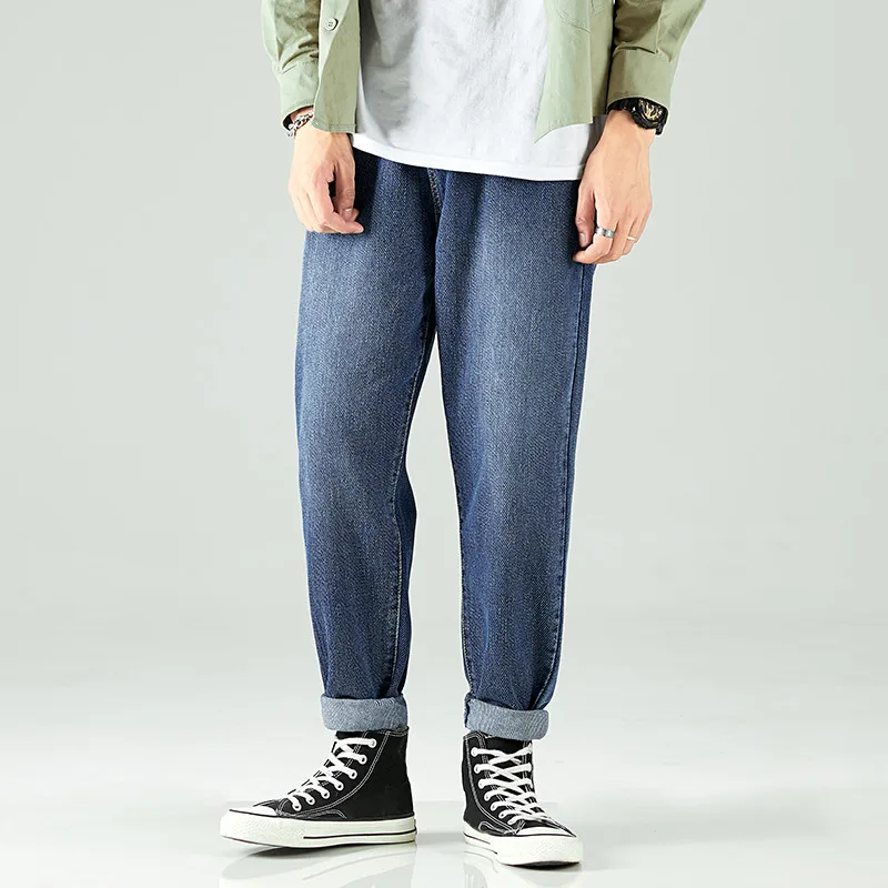 Осень 2019 мужские повседневные джинсы тонкие прямые свободные одноцветные синие