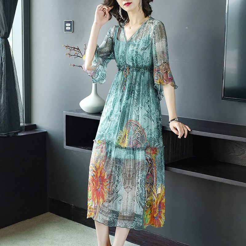 Модное женское летнее платье с v-образным вырезом и принтом Шелковое высокой