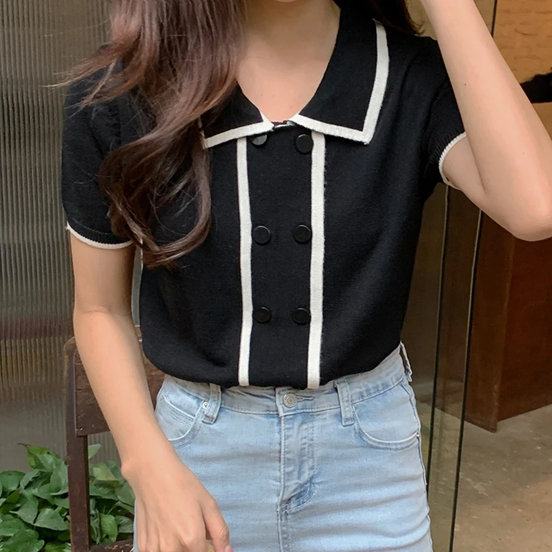 

Korejpaa Women T-Shirts 2021 Summer Korean Chic Girls Retro Lapel Contrast Color Double-Breasted Buttoned Short-Sleeved Knit Top