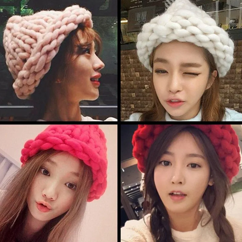 

ZHUOY Knitted Hat Autumn Winter Thicken Warm Hats Casual Women Hand Made Lady Girl Solid Fashion Trend Thick Thread Twist