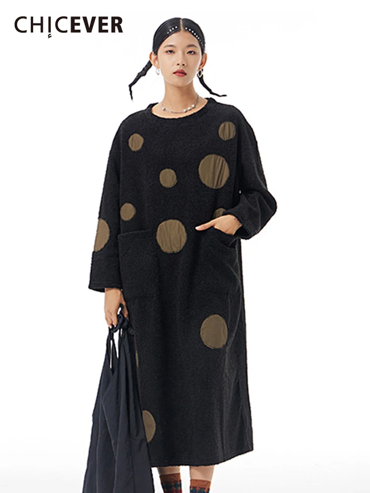 

CHICEVER Casual Dot Winter Dress For Women Round Neck Long Sleeve Patchwork Pockets Midi Dresses Female 2021 Fashion Clothes New