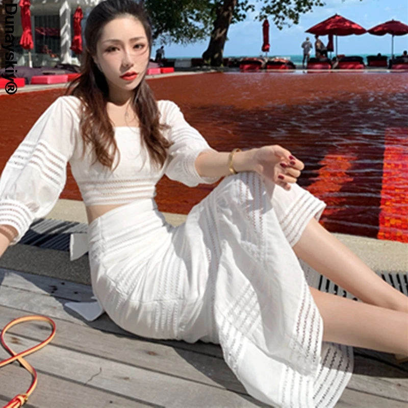 

Fashion Suit 2021 New Style Sexy Puff Sleeve Hollow Out Shirt + High Waist Bandage Bow Pencil Midi Skirts Korean Chic