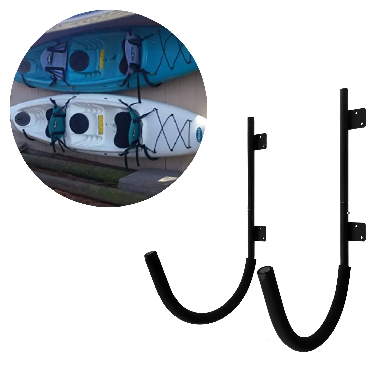 

Onefeng Sports 165 LB Kayak Wall Hangers, J-Shaped Storage Rack with Black Solid Soft Foam Protected for Garageor Shed 8321-3