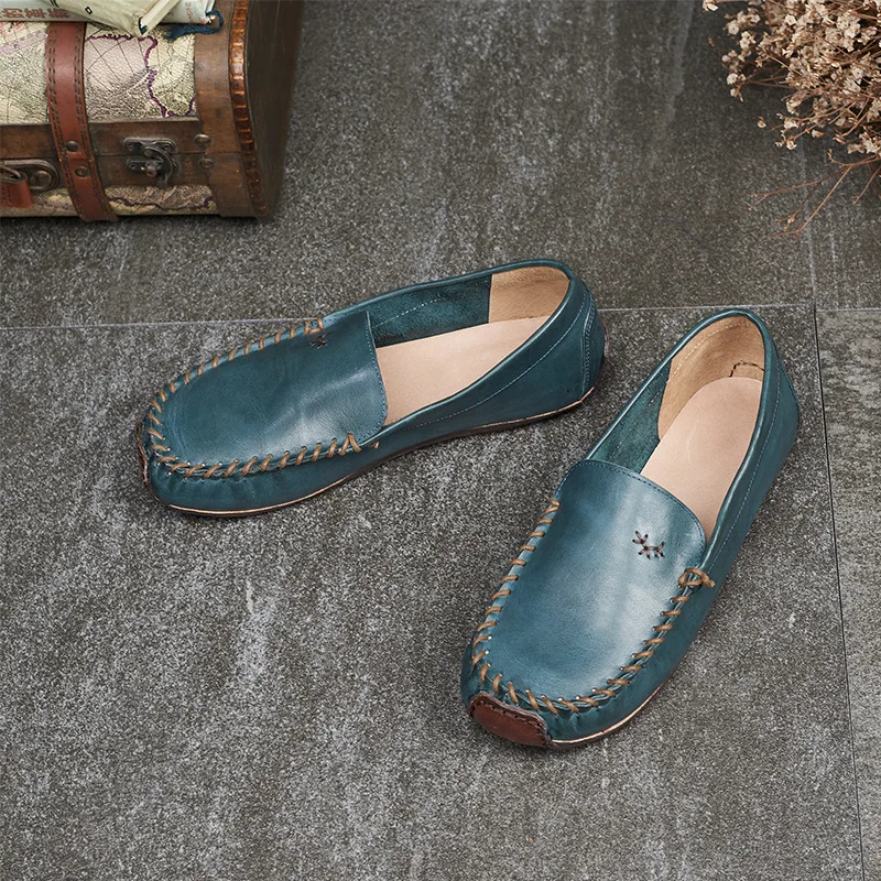 

VALLU 2020 spring new British style women's shoes leather bottom new retro hand-sewn leather flat bottom women's shoes