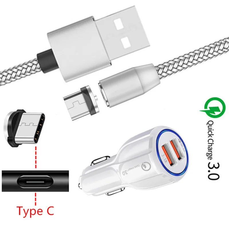 EU charger and cable For Samsung galaxy A50 A20 M40 Xiaomi Mi9 Redmi Note 7 Nokia 8.1 OnePlus 7 Pro Magnetic Type C Cable QC 3.0 USB Fast Car charger - Plug Type: EU charger and cable