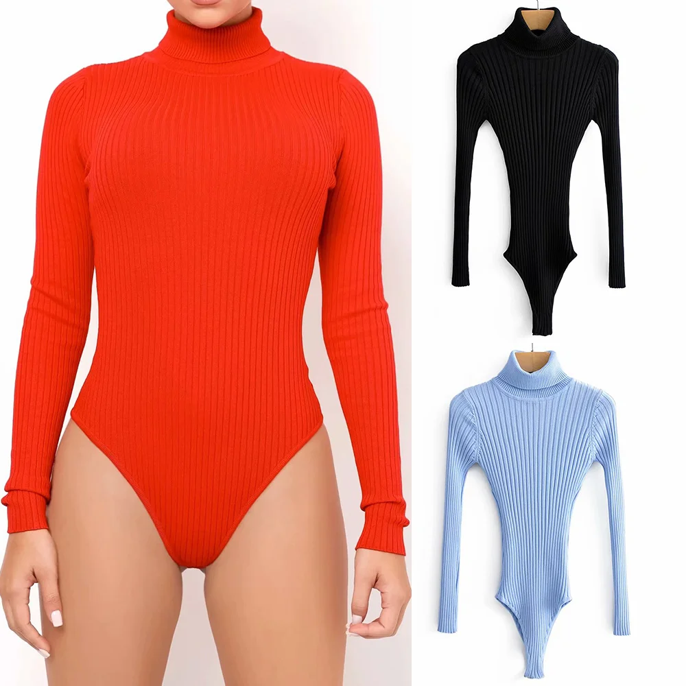 

Sexy Turtleneck Sweaters Bodycon Bodysuits Tops For Women 2020 Autumn Winter Long Sleeve Knitted Jumpsuit Slim Romper Body Suit