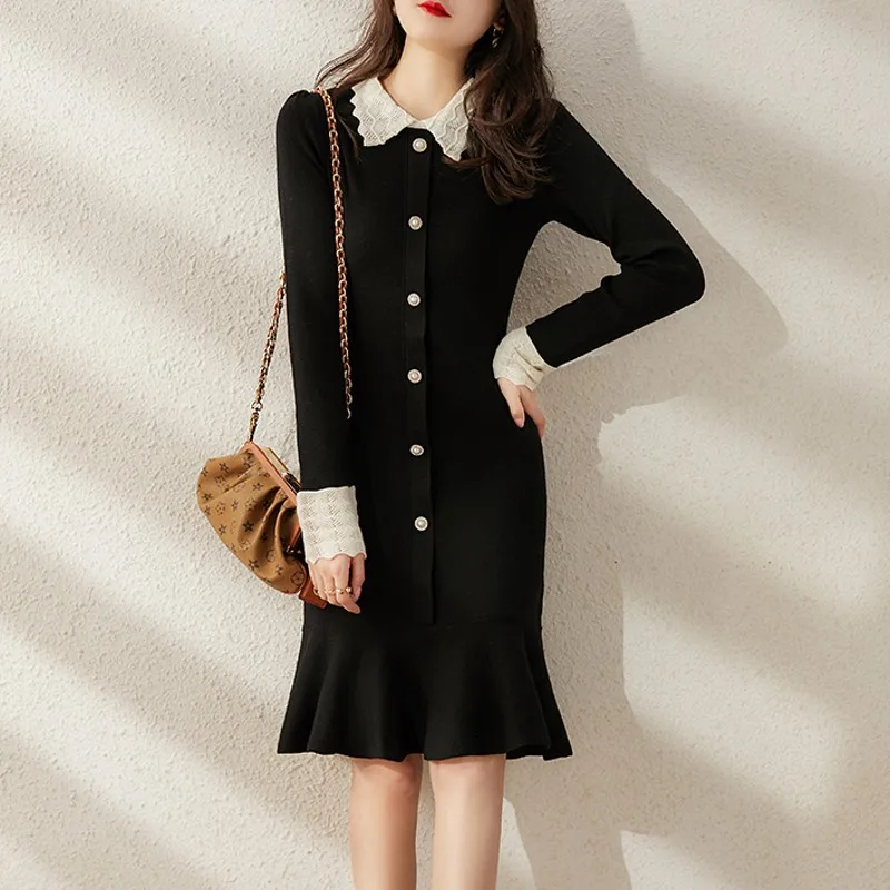 

Women Single Breasted Turn Down Collar Knitted Black Sweater Spring Long Sleeve Elegant Slim Bodycon Knee Mermaid Dress