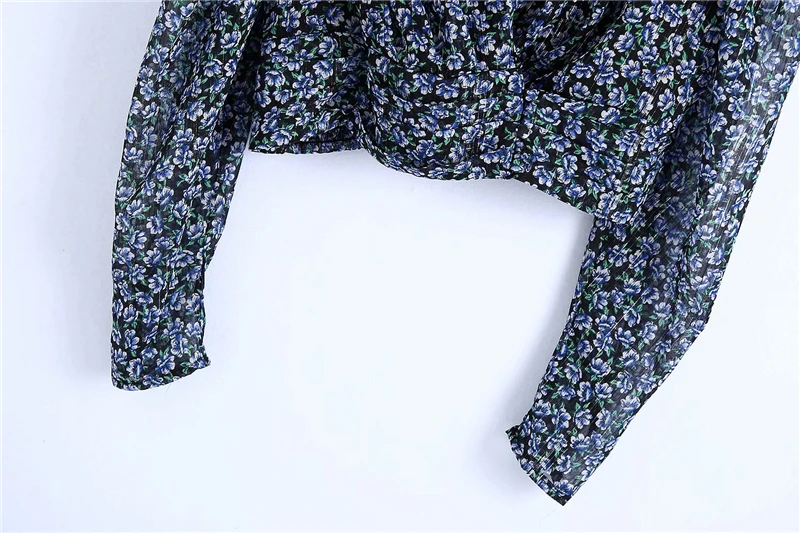 

Vintage Women Chiffon Print Shirt 2020 Fashion Ladies Blue Floral Shirts Vintage Female Elastic Waist Short Top Chic Girl Blouse