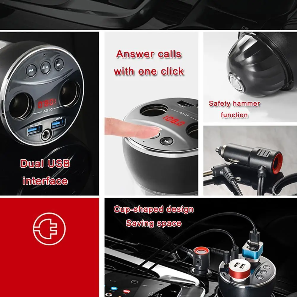 

Car Charger Multifunctional Charging Cup Dual USB Ports, FM Transmitter. With Safety Hammer Mode Lck Display 2 In 1