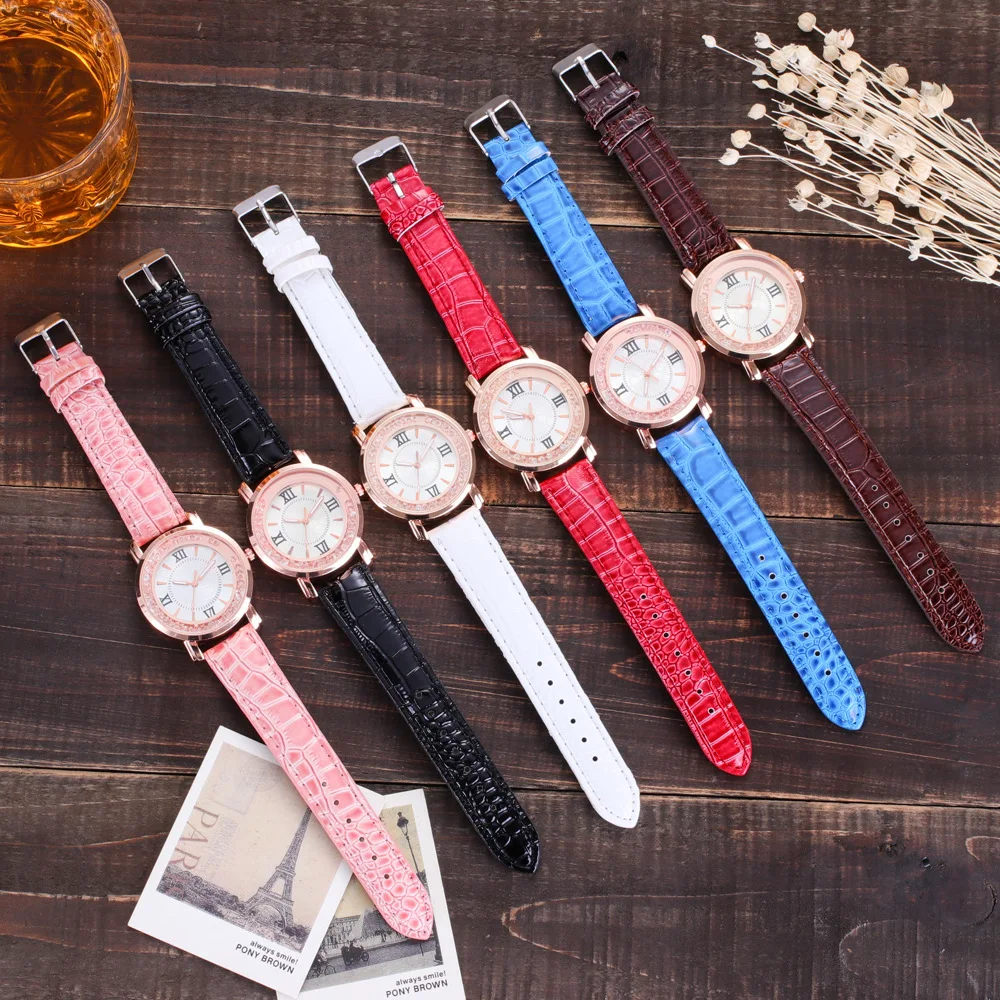 

New Fashion Leather Strap Women Rhinestone Wrist Watches Casual Women Dress Watches Crystal Solid Color luxury watch women