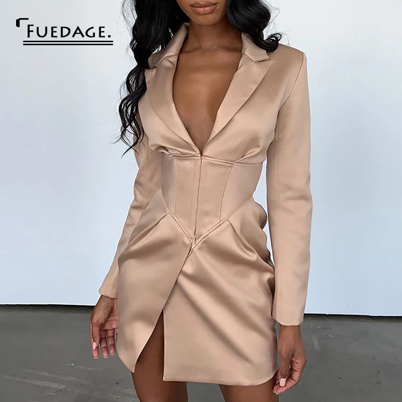 Fuedage осеннее сексуальное вечернее платье женское облегающее с глубоким V