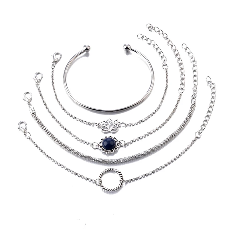 5pcs/set Fashion Personality Vintage Multilayer Lotus Circle Simple Bracelet Boho Style Temperament Chain | Украшения и