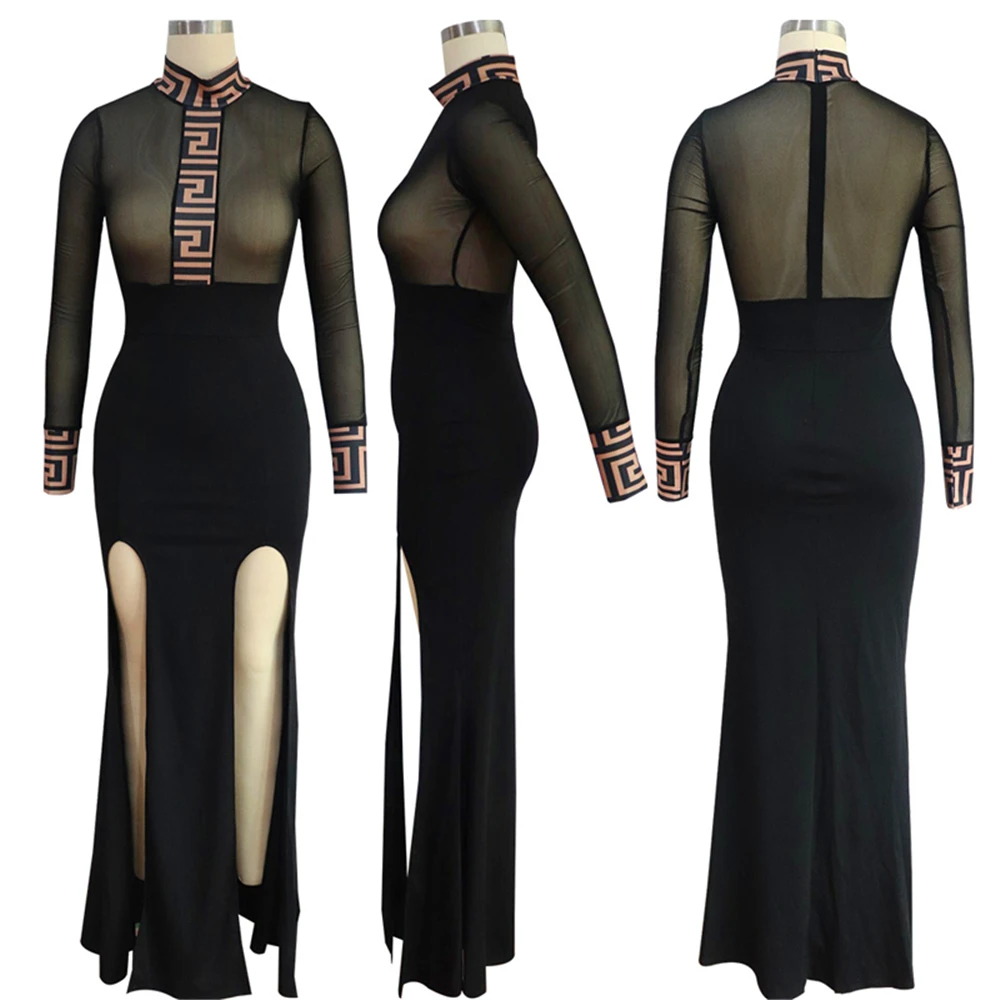 Женское облегающее платье-водолазка с Боковым Разрезом прозрачное Сетчатое