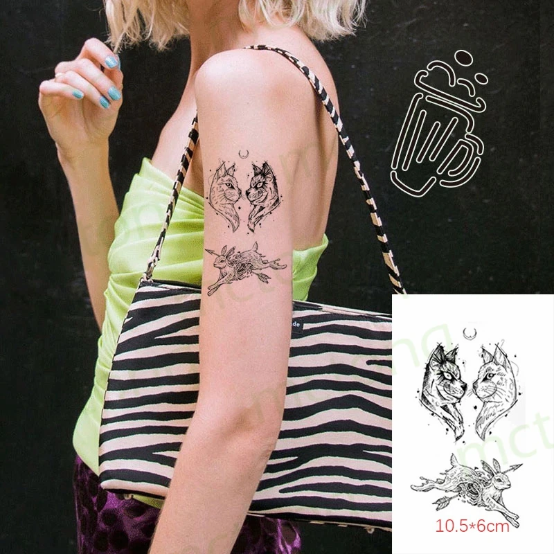 

Waterproof Temporary Tattoo Stickers Women's Minimalist Moon Rabbit Wolf Body Art Arm Fake Tatto Flash Tatoo For Men