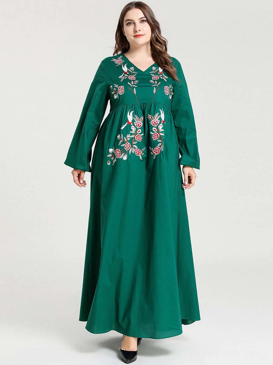 Женское длинное платье из хлопка с длинным рукавом v образным вырезом и цветочной
