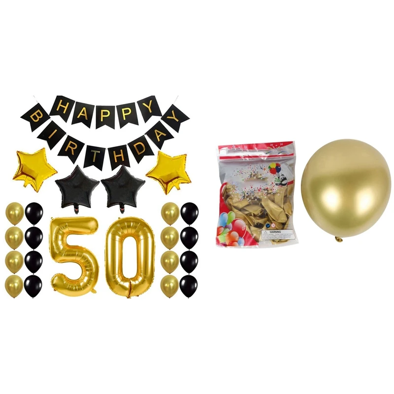 

1 Set 50Th Birthday Party Decor Kit Happy Birthday Balloon Banner & 50Pcs 10 Inch Metallic Latex Balloons Gold