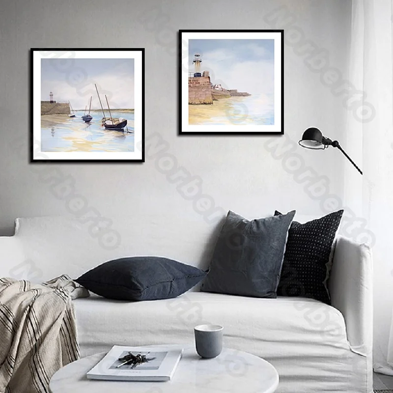 

Nordic Style Canvas Painting Wall Poster Minimalist Sea Scenery with White Sailboat Along Houses Sunset for Home Room Decoration