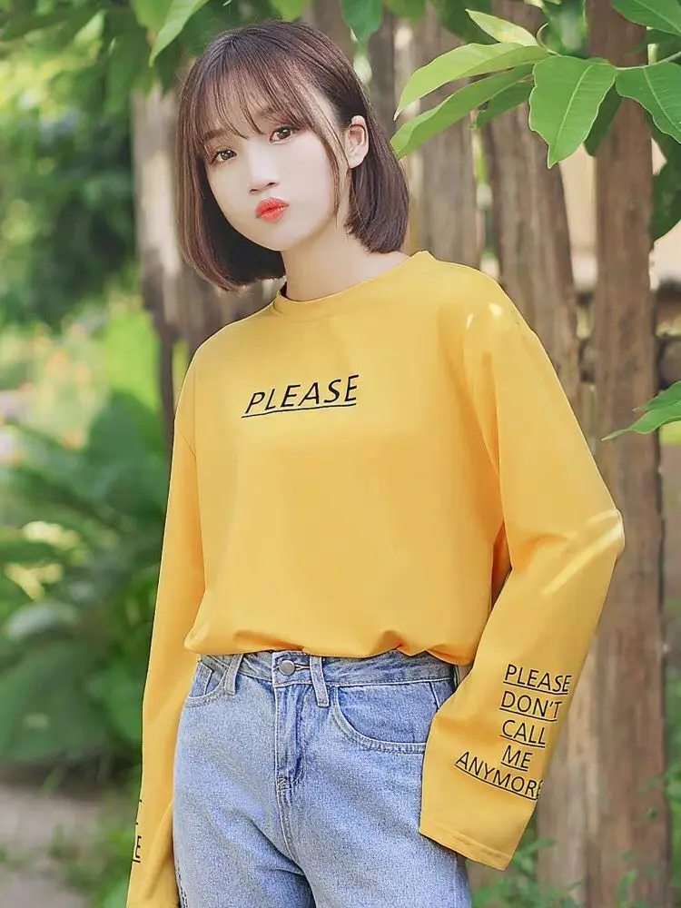 

Шикарная футболка цвета хаки на весну и осень, новинка, шикарная футболка с длинными рукавами и надписью, Женская Студенческая Свободная ру...