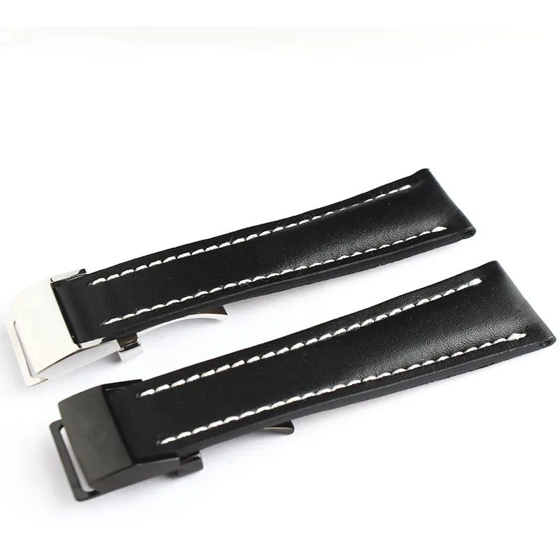 20mm 22mm 24mm Black Smooth Genuine Leather Strap Watch Band Deployment Clasp For Breitling Navitimer
