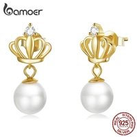 bamoer 925 sterling silver crown quality shell pearl drop earrings for women gold plated fashion korean earrings jewelry gift