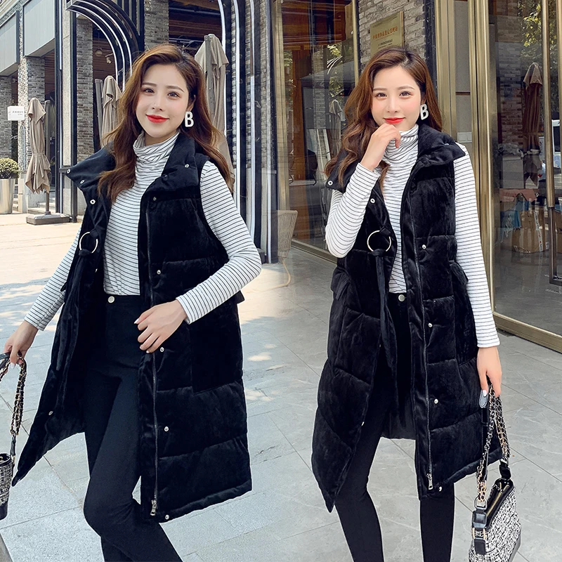 Зимний Золотой бархатный Длинный жилет Женский Повседневный теплый осенний с