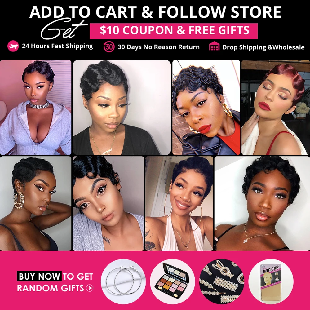 Парик Ishow Finger Wave 100% человеческие волосы парики Pixie Cut цветные Короткие Bob для