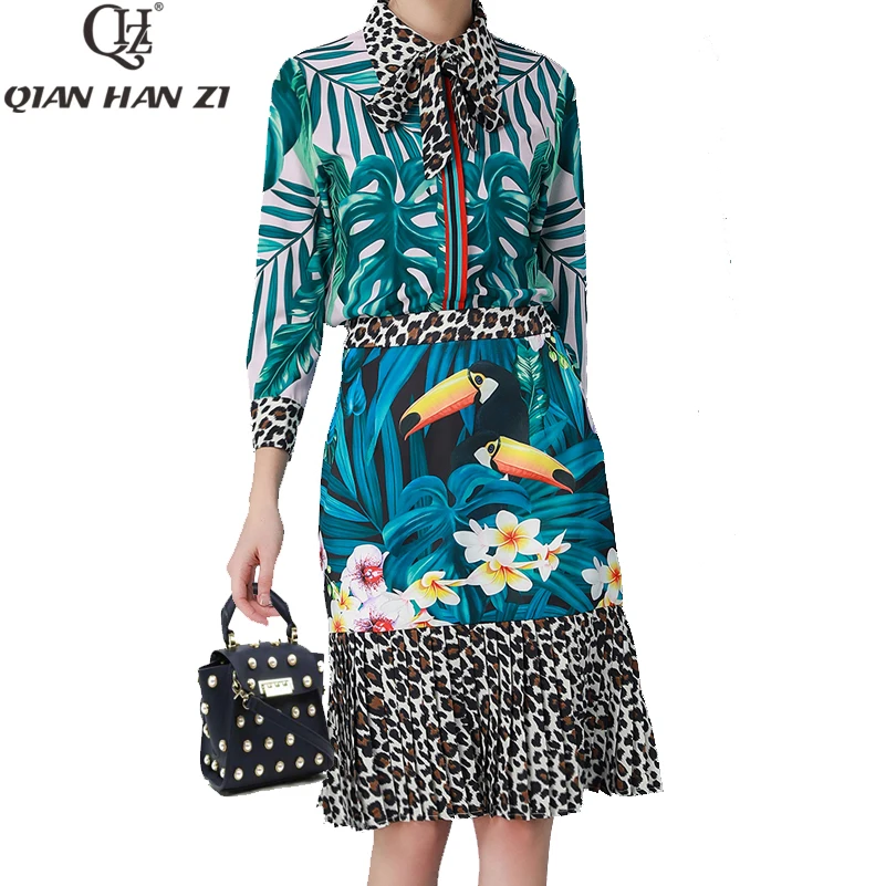 

Qian Han Zi 2020 Summer designer Fashion sets Bow tops and blouses+pattern Leopard pleated skirt 2 piece set womens Suit