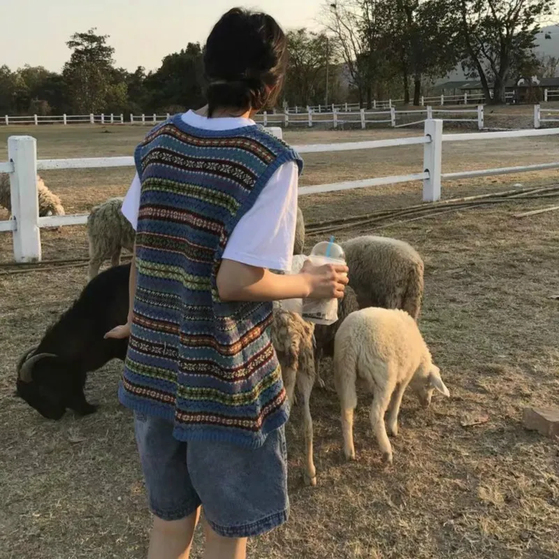 

Sweater Vest Women Striped Retro V-neck Sleeveless All-match Ulzzang Leisure Loose Knitted Female Korean Streetwear Chic Soft BF