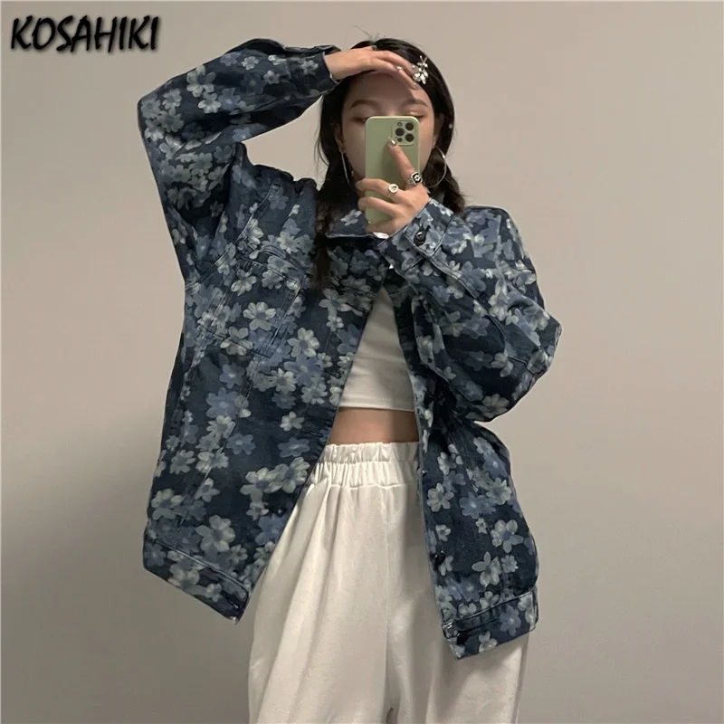 

KOSAHIKI 2021 Women Denim Jacket Spring New Korean Jean Jacket Floral Print Vintage Streetwear Jean Coats Vetement Femme