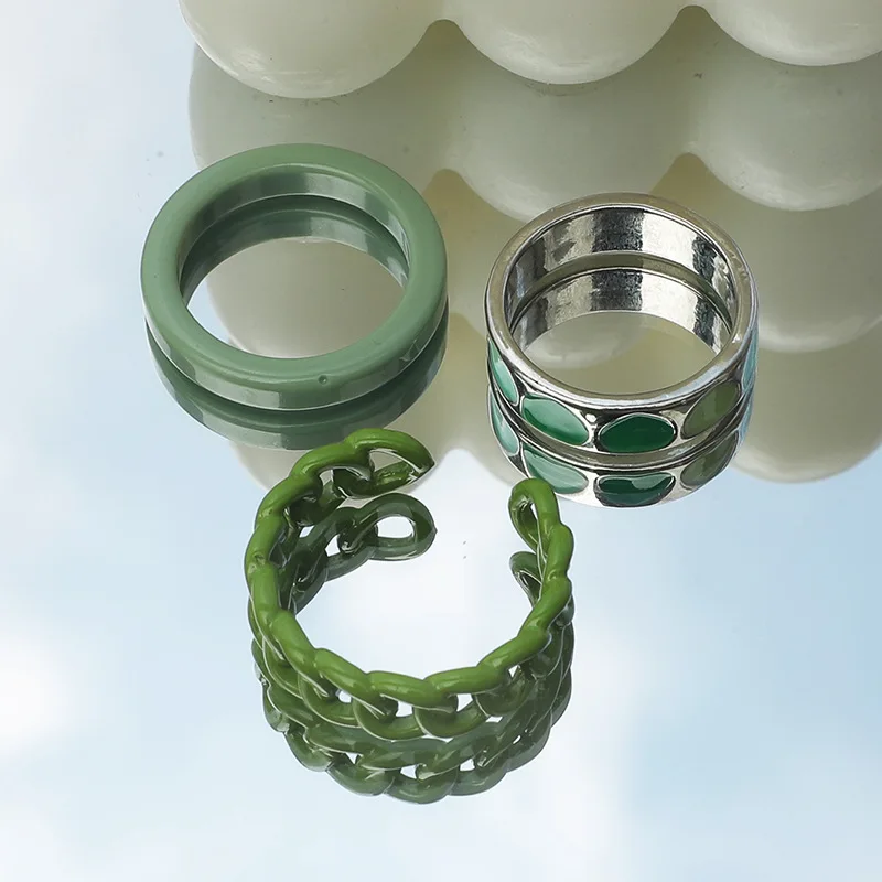 

3pcs/set Y2k Fashion Acrylic Rings Green Enamel Heart Twist Opening Ring Chic Design Wild Index Finger Jewelry Wholesale
