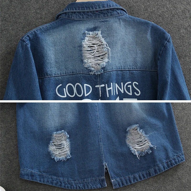 

Plus Size 9XL Ladies Denim Jackets Women Spring Turn Down Collar Hole Long Sleeve Casual Denim Jacket Women Jeans Coat Outerwear