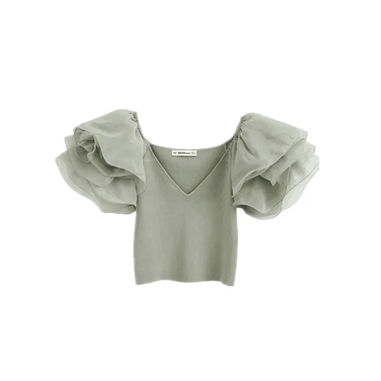 Одежда оптом летняя Новинка прозрачная газовая короткая куртка с V-образным