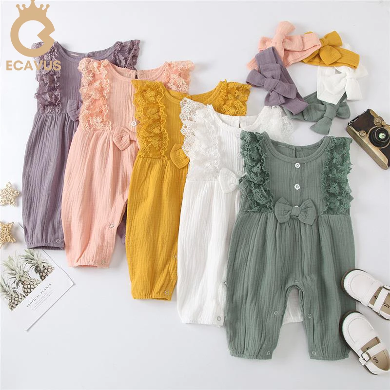 

Ecavus Girl Baby Romper and Butterfly Headband Lace Sleeveless Multicolor New Solid Color Wild Fashion Baby Girl Clothes