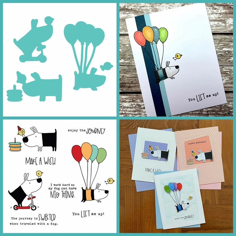 

Dog Bird With Hot Balloon Cake Enjoy The Journey Metal Cutting Dies With Clear Stamps For Craft Album Making Template 2020
